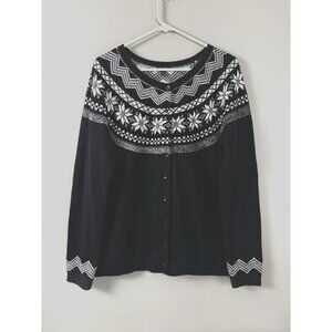 Granny Fair Isle Nordic Snowflake L Cardigan Black White Knit Cozy Ski Lodge Fit